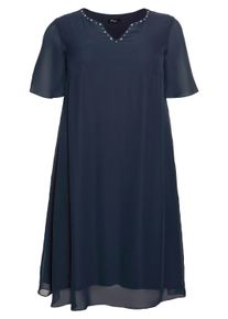 Jerseykleid sheego "Chiffonkleid Chiffonkleid mit Schmucksteinen am Ausschnitt", Damen, Gr. 48, Normalgr&ouml;&szlig;en, blau (nachtblau), Modisch, Rundhals, Kleider Jerseykleid, mit Schmucksteinen am Ausschnitt