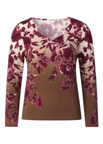 CR&Eacute;ATION L T-Shirt CREATION L "Modal-Shirt Langarmshirt mit gebogtem V-Ausschnitt", Damen, Gr. 4, braun (braun, bordeaux, bedruckt), Elegant, Shirts T-Shirt