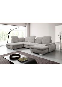Wohnlandschaft WERK2 "Pula Bett & Bettkasten, Kopfteil- & Sitztiefenverstellung, bequem", grau (hellgrau), B:356cm H:105cm T:237cm, 100% Polyester, Sofas, Wohnlandschaft, U-Form, XXL, Schlaffunktion, Bettkasten, verstellbare Kopfteile