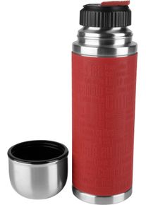Thermoflasche Emsa "Senator Sleeve", rot (rot, edelstahlfarben), H:24,5cm, Edelstahl, Polypropylen (PP), Silikon, Trinkflaschen, Thermoflasche, Silikonmanschette, Safe Loc Verschluss, dicht, 12h hei&szlig;, 24h kalt