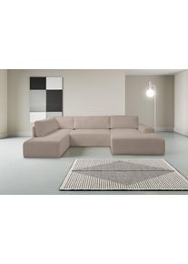 Wohnlandschaft WERK2 "Rotterdam 325 cm breit mit Bett und Bettkasten, viel Platz", beige (taupe), B:325cm H:85cm T:190cm, 100% Polyester, Sofas, Wohnlandschaft, Breitcord, U-Form, XXL, Schlaffunktion, Bettkasten
