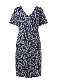 Sommerkleid SIEH AN "Jersey-Kleid Jerseykleid mit Taschen", Damen, Gr. 50, N-Gr, blau (marine, ecru, bedruckt), Basic, V-Ausschnitt, Kleider Sommerkleid