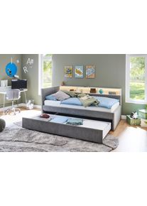 Meise M&ouml;bel Kinderbett MEISE.M&Ouml;BEL "UNO, Polsterbett wahlweise mit Tandemliege oder Stauraum-Schublade", grau (grau, grau, grau), B:142cm H:91cm L:210cm, Bezug: 100% Polyester;Regal: MDF foliert, Betten, Kinderbett, Liegefl&auml;che 90x200, 120x200, 140x200cm