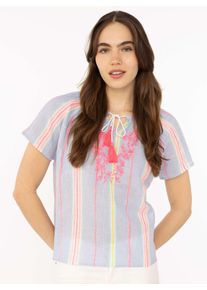 Kurzarmbluse Zwillingsherz "Summer Stripes", Damen, Gr. L/XL, bunt (blau), Obermaterial: 100% Baumwolle, Po-bedeckend, V-Ausschnitt, Blusen Kurzarmbluse, Streifen, Tunnelzug und Tasseln, kurzarm
