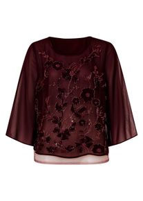 Klassische Bluse Heine "Stickereibluse Georgettebluse mit Trompeten&auml;rmeln", Damen, Gr. 46, rot (burgund, gemustert), Elegant, Rundhals, Blusen Klassische Bluse