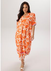 Sommerkleid ANISTON PLUS, Damen, Gr. 54, N-Gr, Kurzarm, Web, orange (orange, natur), Web, Obermaterial: 100% Viskose, bedruckt, gemustert, figurumspielend ca. Mitte Wade, V-Ausschnitt, Kleider Sommerkleid, mit extravagantem, grafischen Druck