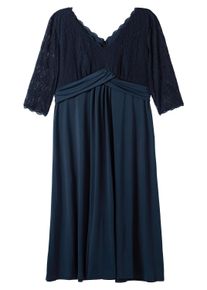 Maxikleid sheego "Abendkleid Abendkleid mit Oberteil aus Spitze", Damen, Gr. 44, Normalgr&ouml;&szlig;en, blau (nachtblau), Elegant, V-Ausschnitt, Kleider Maxikleid, mit Oberteil aus floraler Spitze