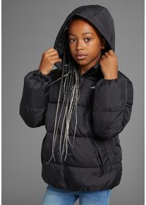 Winterjacke Kangaroos "Outdoor Steppjacke mit Kangaroos Logo-Druck f&uuml;r M&auml;dchen", M&auml;dchen, Gr. 164/170, schwarz, Web, Obermaterial: 100% Polyester. Futter: 100% Polyester. Wattierung: 100% Polyester, bedruckt, Basic h&uuml;ftlang, normaler Saum mit Gummizug, Jacken Winterjacke, Warme Steppjacke mit reflektierenden Details, Topseller
