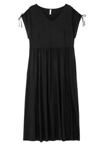 Sommerkleid sheego "Jerseykleid Jerseykleid mit Tunnelzug am &Auml;rmel", Damen, Gr. 52, N-Gr, schwarz, Modisch, V-Ausschnitt, Kleider Sommerkleid, mit Tunnelzug am &Auml;rmel