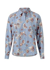 Hemdbluse Heine "Bluse Druckbluse mit Blumenmuster", Damen, Gr. 42, bleu, ecru, gestreift, Web, Stoff, , Modisch, V-Ausschnitt, Blusen Hemdbluse