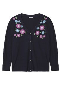 Strickjacke sheego "Cardigan Cardigan mit Bl&uuml;ten-Stickereien", Damen, Gr. 56/58, blau (tiefblau, orchidee), Strick, , Modisch, V-Ausschnitt, Strickjacken Strickjacke