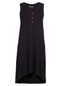 Sommerkleid sheego "Strandkleid Strandkleid im Vokuhila-Schnitt", Damen, Gr. 46, Normalgr&ouml;&szlig;en, schwarz, Sportlich, V-Ausschnitt, Kleider Sommerkleid, im Vokuhila-Look