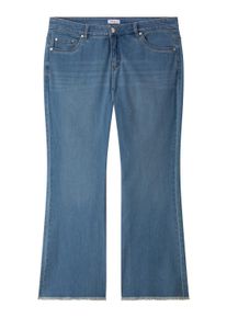 5-Pocket-Jeans sheego "Bootcut-Jeans Bootcut-Jeans mit Fransensaum", Damen, Gr. 48, Normalgr&ouml;&szlig;en, blau (blau, bleached), Denim/Jeans, , Modisch, bootcut fit, Jeans 5-Pocket-Jeans
