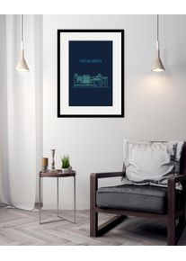 Bild queence "Heidelberg Sightseeing", blau (farbe rahmen: schwarz, farbe bild(er): blau), B:30cm H:40cm, Acrylglas, Holz, Papier, Bilder, Bild, HD Premium Poster-Druck inkl. Holzrahmen