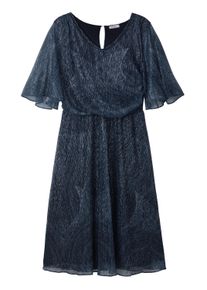 Cocktailkleid sheego "Chiffonkleid Chiffonkleid mit Volant-Details", Damen, Gr. 56, Normalgr&ouml;&szlig;en, blau (tiefblau, bleu, gemustert), Elegant, V-Ausschnitt, Kleider Cocktailkleid