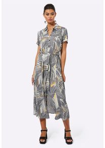 CR&Eacute;ATION L Hemdblusenkleid CREATION L "Webkleid Druckkleid aus reiner, wertiger Viskose", Damen, Gr. 38, Normalgr&ouml;&szlig;en, grau (anthrazit, ocker, bedruckt), Modisch, Kleider Hemdblusenkleid