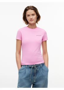 T-Shirt Tommy Jeans "TJW SLIM ESS LOGO 1 SS TEE EXT", Damen, Gr. XL (46), pink (pink daisy), Single Jersey, Obermaterial: 100% Baumwolle, unifarben, slim fit normal, Rundhals, Shirts T-Shirt, Baumwolle, slim fit