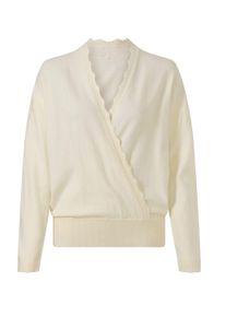 Strickpullover Heine "Pullover Feinstrickpullover in Wickel-Optik", Damen, Gr. 42, beige (champagner), Strick, , Modisch, V-Ausschnitt, Pullover Strickpullover