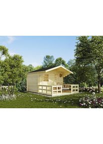Gartenhaus KONIFERA "Kallenberg 1", beige (naturbelassen), Fu&szlig;boden im Gartenhaus, ohne Dacheindeckung, Holzwerkstoff, Gartenh&auml;user, Gartenhaus, mit Terrasse und Vordach