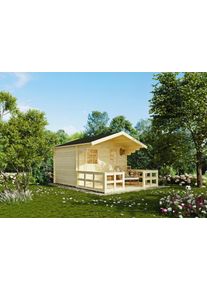 Gartenhaus KONIFERA "Kallenberg 1", beige (naturbelassen), Fu&szlig;boden im Gartenhaus, Dachschindeln, Holzwerkstoff, Gartenh&auml;user, Gartenhaus, mit Terrasse und Vordach
