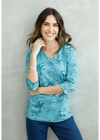 T-Shirt SIEH AN "Shirt 3/4-Arm-Shirt mit Herzen und Bl&uuml;ten verziert", Damen, Gr. 38, blau (ozean), Modisch, V-Ausschnitt, Shirts T-Shirt