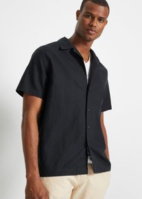 Kurzarmhemd bonprix, Herren, Gr. 45/46 (XXL), N-Gr, schwarz, Obermaterial: 55% Leinen, 45% Baumwolle, loose fit, Hemden Kurzarmhemd, Lockerer Loose Fit, Reverskragen, aus Leinen-Mix, Kurzarm-Design