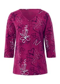 T-Shirt SIEH AN "Shirt 3/4-Arm-Shirt mit Herzen und Bl&uuml;ten verziert", Damen, Gr. 54, pink (fuchsia), Modisch, V-Ausschnitt, Shirts T-Shirt