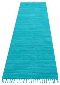 Teppich OTTO HOME "Paul, Handwebteppich" Gr. 12, blau (t&uuml;rkis), B:70cm H:5mm L:250cm, Baumwolle, Teppiche, Teppich, reine Baumwolle, Uni, handgewebt, Wendeteppich, mit Fransen, L&auml;ufer