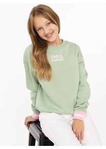 Sweatshirt Zwillingsherz "SMILE", M&auml;dchen, Gr. 158/164, gr&uuml;n (matcha gr&uuml;n), Sweatware, Obermaterial: 50% Baumwolle, 50% Polyester, Sweatshirts Sweatshirt, gestreifte elastische B&uuml;ndchen, SMILE Print vorne und hinten, Rundhals