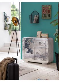 Kommode SIT "Mah&eacute; aus Mangoholz mit 2 T&uuml;ren & 1 Schublade im Flugzeug-Design", silber (silberfarben), B:90cm H:80cm T:40cm, Aluminium, Holzwerkstoff, Sideboards, Kommode, Futuristischer Aluminium-Look mit dekorativen Zierschrauben