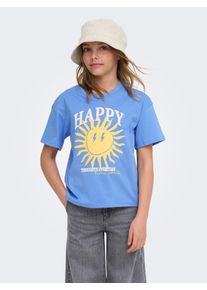 T-Shirt KIDS Only "KOGROSITA LIFE S/S LOOSE PRINT TOP JRS", M&auml;dchen, Gr. 146/152, ultramarine print:happy, Jersey, Obermaterial: 100% Baumwolle, bedruckt, unifarben, Basic normal, Rundhals, Shirts T-Shirt, mit gute Laune-Motiven