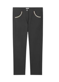 Stoffhose sheego "Hose Bengalinhose gerade, mit bestickter Tasche", Damen, Gr. 48, Normalgr&ouml;&szlig;en, grau (graphit), Modisch, Hosen Stoffhose