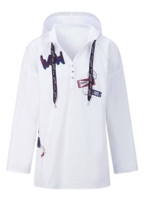 Schlupfbluse WITT "Longbluse Longbluse mit Patches im Vorderteil", Damen, Gr. 44, wei&szlig;, Popeline, , Casual, V-Ausschnitt, Blusen Schlupfbluse