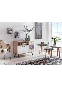 Sideboard SIT "Opatija im Scandi-Shabby-Chic mit 3 Schubladen und 2 T&uuml;ren", bunt (natur, bunt), B:106cm H:71cm T:45cm, Holzwerkstoff, MDF, Sideboards, Sideboard, Grifflose Fronten mit White-Wash-Optik und blau-wei&szlig;en Dekoren