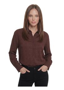 Hemdbluse Guess "LS CAROLYN LOGO SHIRT", Damen, Gr. L, braun (regal braun), Web, Obermaterial: 100% Viskose, gemustert, comfort fit h&uuml;ftbedeckend, 2-Knopf-Manschette, Blusen Hemdbluse, in Viskose-Qualit&auml;t, Comfort Fit