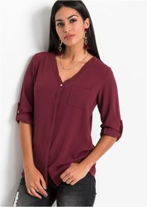 Longbluse bonprix "Longbluse", Damen, Gr. 34, rot (ahornrot), Obermaterial: 97% Polyester, 3% Elasthan, unifarben, V-Ausschnitt, mit Riegel, Blusen Longbluse, bequeme Passform, verdeckte Knopfleiste, unifarben, mit Brusttasche