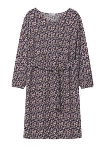 Etuikleid sheego "Webkleid Webkleid mit Minimalprint und Bindeg&uuml;rtel", Damen, Gr. 58, Normalgr&ouml;&szlig;en, tiefblau, orchidee, bedruckt, Modisch, V-Ausschnitt, Kleider Etuikleid