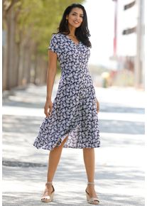 Jerseykleid SIEH AN "Druck-Kleid Blumenkleid mit durchgehender Knopfleiste", Damen, Gr. 19, Kurzgr&ouml;&szlig;en, blau (marine, wei&szlig;, bedruckt), Modisch, U-Boot-Ausschnitt, Kleider Jerseykleid