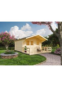 Gartenhaus Konifera "Kallenberg 3", beige (naturbelassen), Fu&szlig;boden im Gartenhaus, Dachfolie, Holzwerkstoff, Gartenh&auml;user, Gartenhaus, mit Vordach und Terrasse