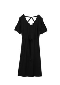 Shirtkleid sheego "Jersey-Kleid A-Linien-Kleid mit gekreuzten B&auml;ndern im R&uuml;cken", Damen, Gr. 46, Normalgr&ouml;&szlig;en, schwarz, Elegant, Rundhals, Kleider Shirtkleid