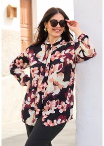 Klassische Bluse sheego "Langarm-Bluse Schluppenbluse mit Blumenprint", Damen, Gr. 44, schwarz, koralle, bedruckt, Crash, , Elegant, V-Ausschnitt, Blusen Klassische Bluse