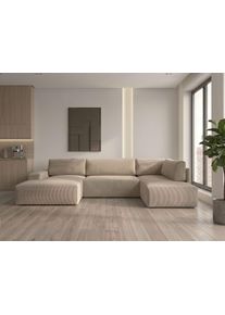 Wohnlandschaft WERK2 "Rotterdam 325 cm breit mit Bett und Bettkasten, viel Platz", beige (natur), B:325cm H:85cm T:190cm, 90% Polyester, 10% Nylon, Sofas, Wohnlandschaft, Cord, U-Form, XXL, Schlaffunktion, Bettkasten