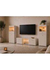 borchardt M&ouml;bel Wohnwand BORCHARDT M&Ouml;BEL "Scala, Mediawand 3-teilig mit 2 Vitrinen und Lowboard", beige (kaschmir), Mit Griffen, Kastenm&ouml;bel-Sets, Wohnwand, Mit Griffen oder Push-to-open-Systemen, Fronten matt oder gl&auml;nzend