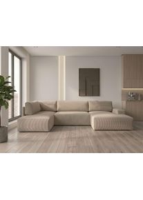 Wohnlandschaft WERK2 "Rotterdam 325 cm breit mit Bett und Bettkasten, viel Platz", beige (natur), B:325cm H:85cm T:190cm, 90% Polyester, 10% Nylon, Sofas, Wohnlandschaft, Cord, U-Form, XXL, Schlaffunktion, Bettkasten
