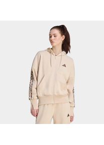 Kapuzensweatjacke adidas Sportswear "SEASONAL ESSENTIALS 3-STREIFEN, ANIMALPRINT", Damen, Gr. M, beige (crystal linen, multicolor, khaki six), Obermaterial: 55% Baumwolle, 36% Polyester, 9% Viskose, normal, Rundhals, angesetztes B&uuml;ndchen, Sweatjacken Kapuzensweatjacke