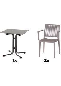 Gartensessel siena GARDEN "Lane Sessel taupe 2er Set mit Tisch", grau (taupe), B:57cm H:82cm T:56cm, Sessel, Gartensessel, 2 x Stapelsessel + Tisch Sola 65 x 65 cm