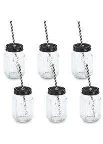 Glas zeller PRESENT "Trinkglas mit Metalldeckel u. Strohhalm, Set, 6-tlg.", transparent (transparent, schwarz), B:8cm H:13cm &Oslash;:8cm, Glas, Kunststoff, Metall, Trinkgef&auml;&szlig;e, Glas, Einfache Pflege, zeitloses Rillenmuster