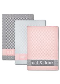 Geschirrtuch Dyckhoff "Eat & Drink, Ma&szlig;e je Tuch ca. 50x70 cm", grau (grau, rosa), B:50cm L:70cm, 100% Baumwolle, Geschirrt&uuml;cher, Geschirrtuch, mit drei verschiedenen Motiven