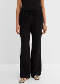 Palazzohose bonprix, Damen, Gr. 44, N-Gr, schwarz, Obermaterial: 55% Leinen, 45% Viskose, loose fit lang, Hosen Palazzohose, weites Bein, verstellbarer Bequembund, aus Leinen und Viskose