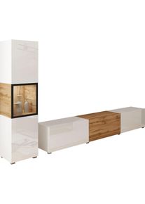 Wohnwand Home Affaire "BERLIN I, Vitrine T&uuml;rschlag links/rechts wechselbar", wei&szlig; (wei&szlig; matt, eichefarbe votan, wei&szlig; hgl, eichefarbe votan), B:220cm H:130cm T:33cm, ABS-Kunststoff, Glas, Hartfaserplatte, Kastenm&ouml;bel-Sets, Wohnwand, moderne grifflose Mediawand Breite 220 cm, Vitrine mit Verglasung